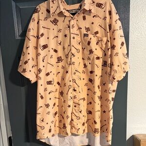 DIXXON Beige Short Sleeve Party Shirt with Dark Brown Pattern XXL